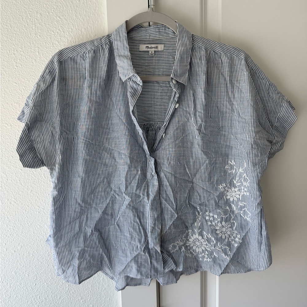 Madewell Light Blue and White Striped Cropped Shirt